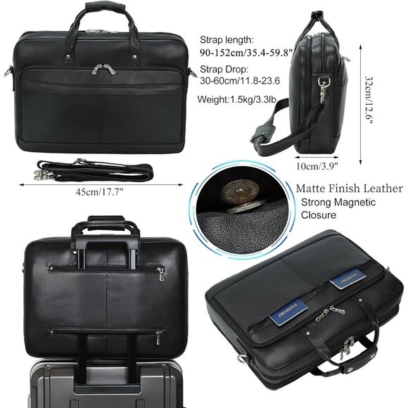 ⚡Men Black Fits 17.3 Inch Laptop Crossbody Bag Attached Leather Briefcase - Picture 2 of 9